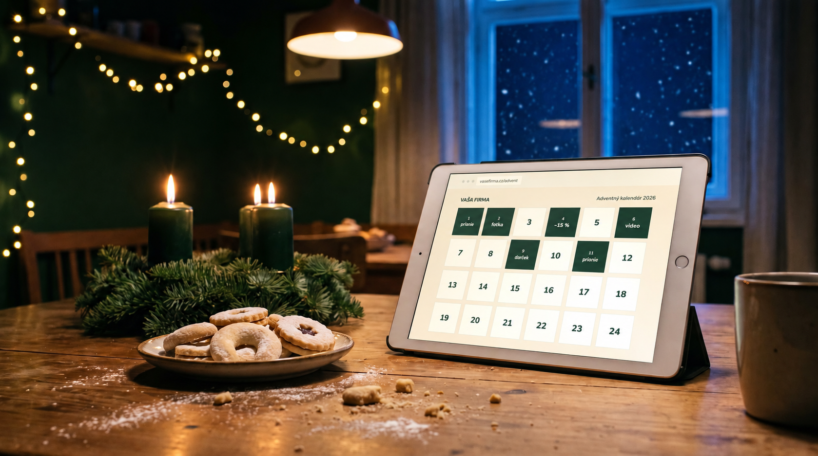 Tablet na stole vedľa adventného venca a vianočného pečiva, na displeji adventný kalendár s okienkami