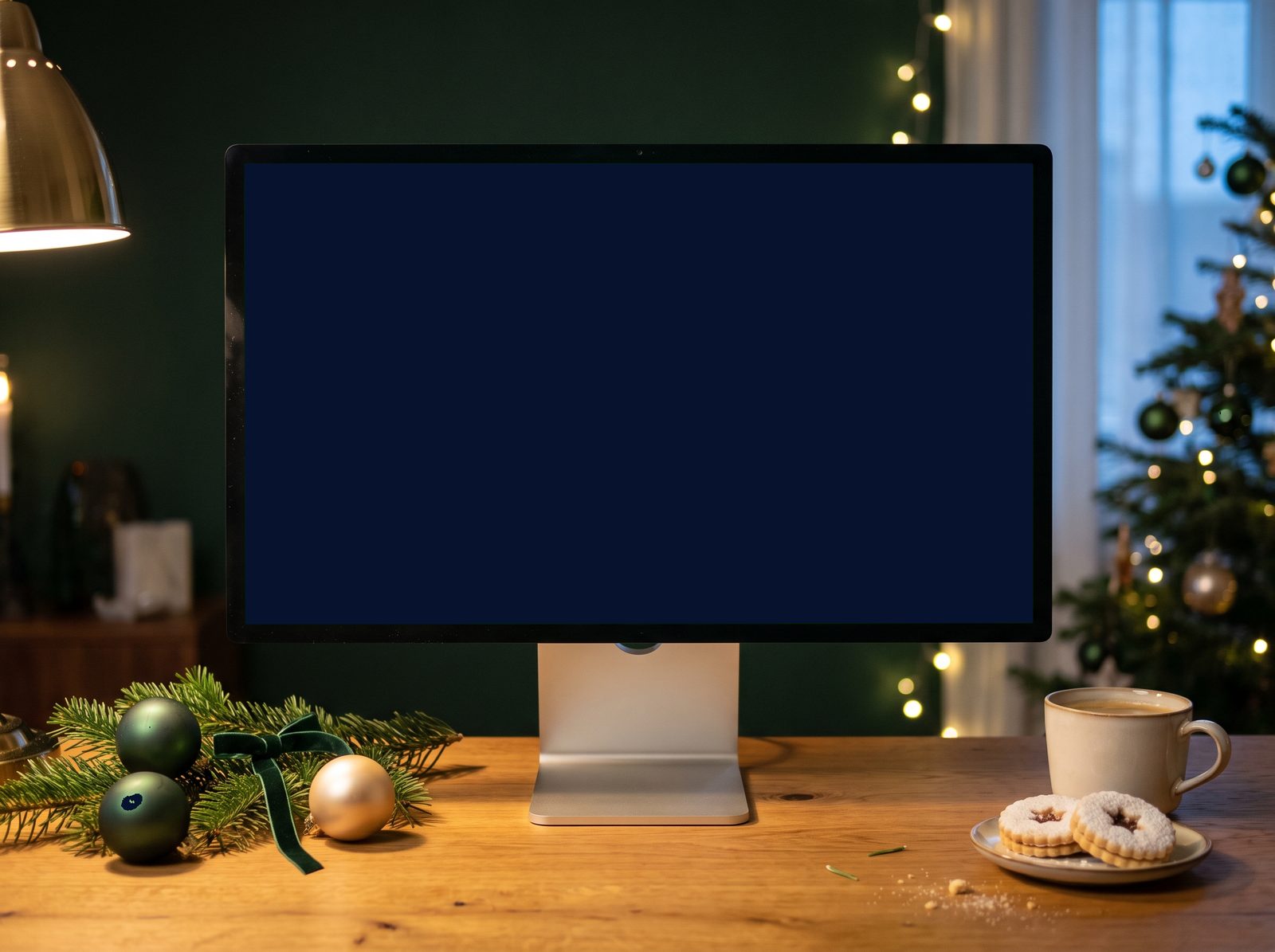 Monitor na dřevěném stole s vánoční výzdobou, na obrazovce ukázkový online adventní kalendář