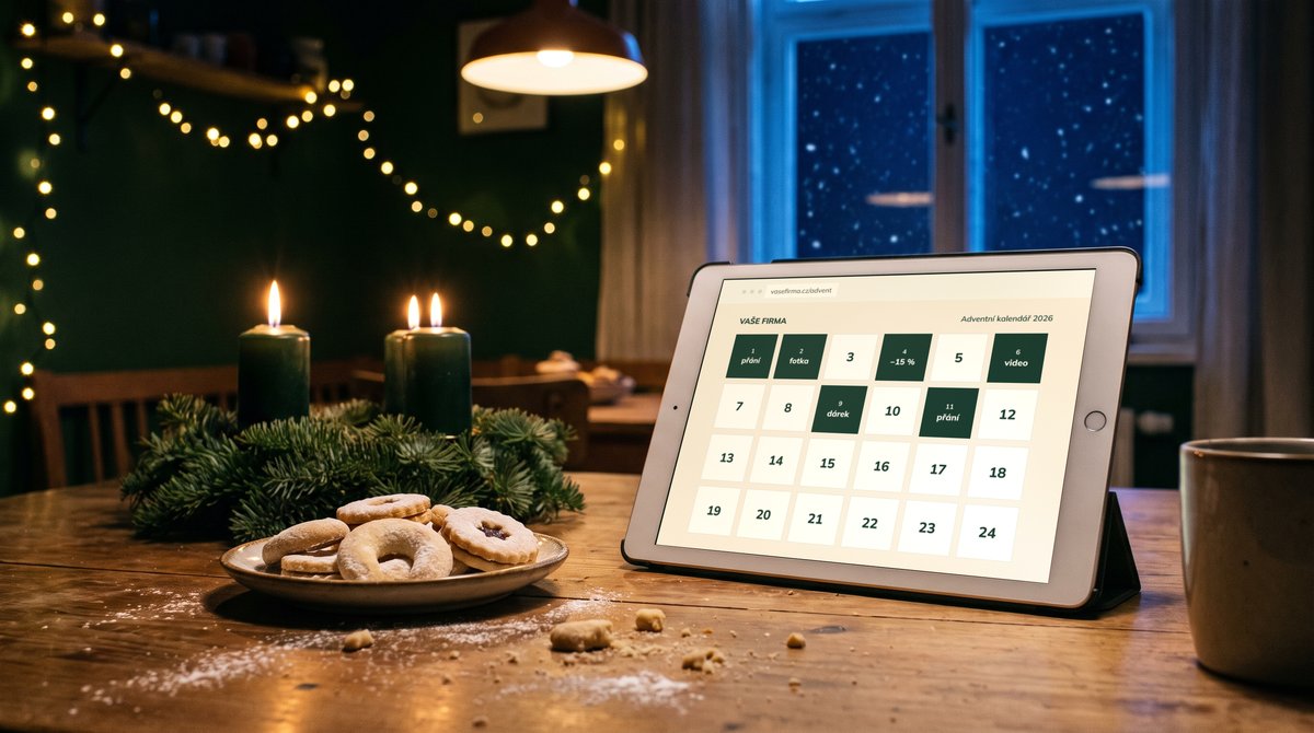 Tablet na stole vedle adventního věnce a cukroví, na displeji adventní kalendář s okénky