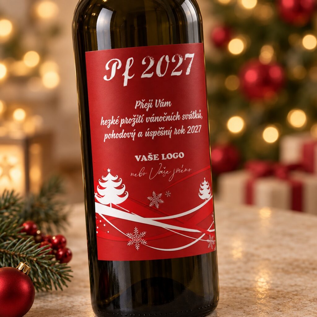 Detail červenej firemnej etikety PF 2027 na fľaši vína, s bielymi stromčekmi a miestom pre vlastné logo.