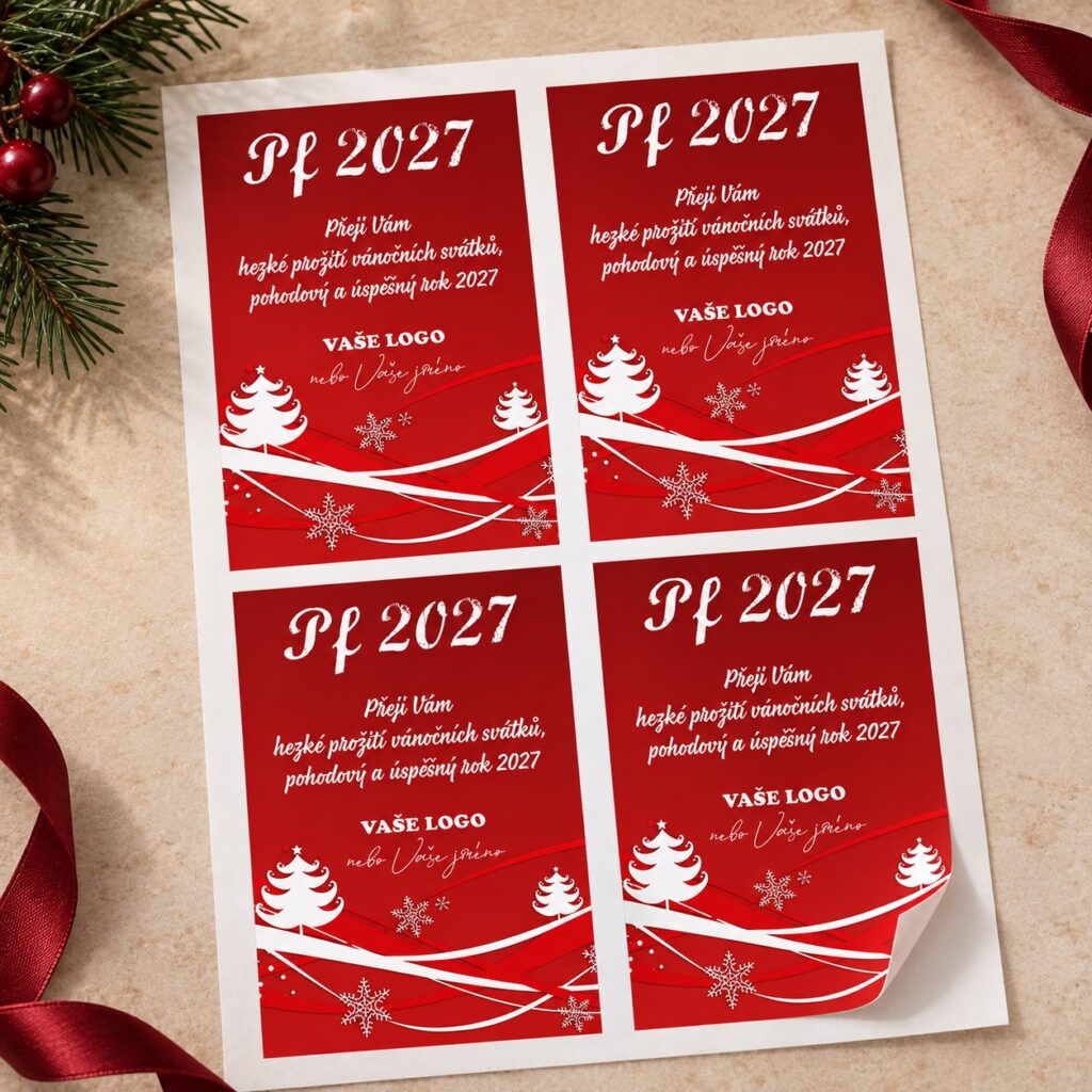 Hárok štyroch červených firemných samolepiacich etikiet PF 2027, motív 1.