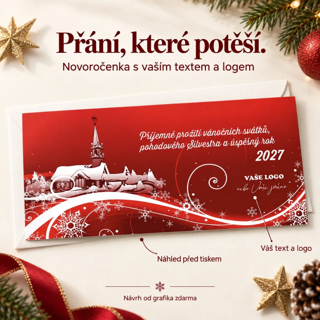 Novoročenka 4 Retro dedina s popiskami vlastného textu, loga a náhľadu pred tlačou.