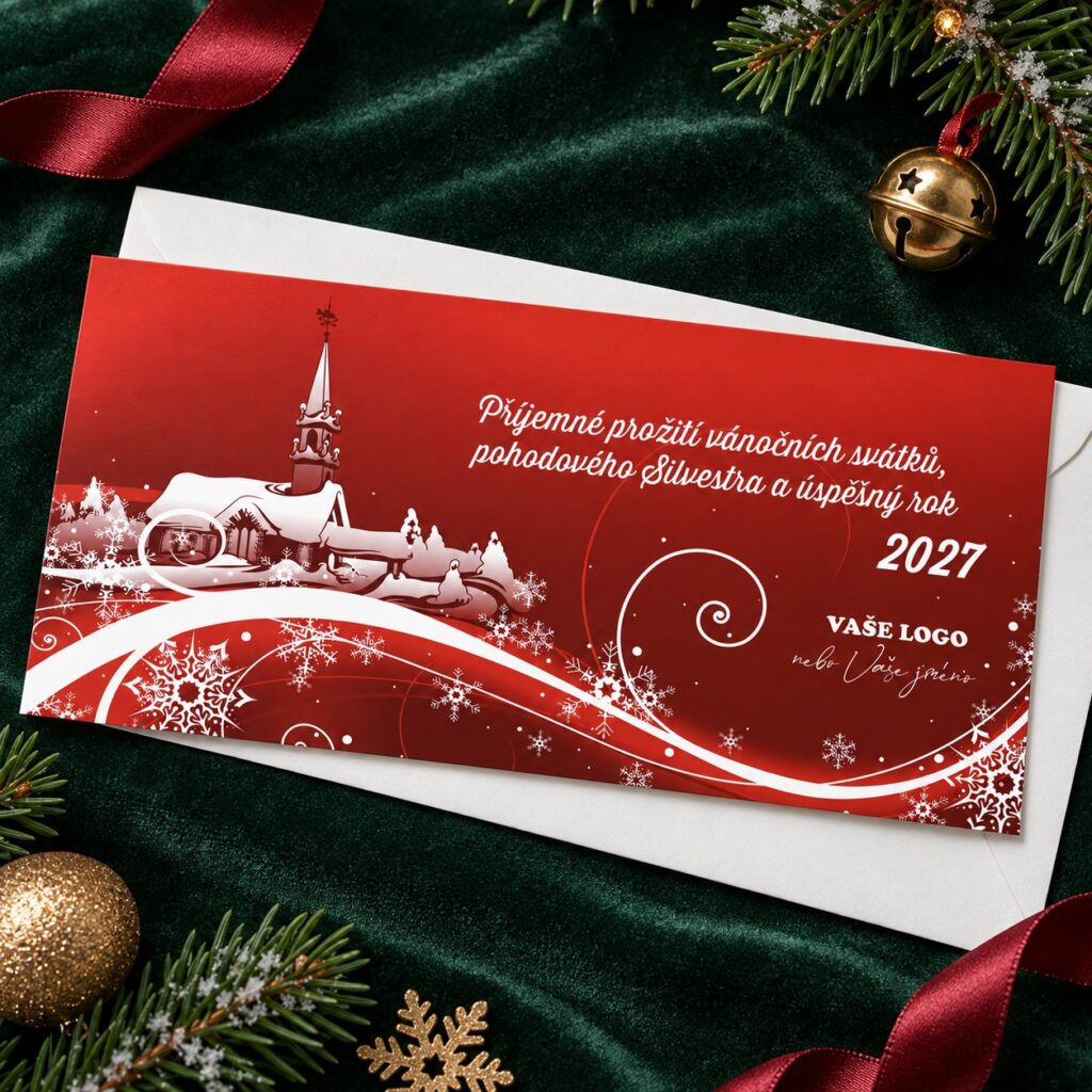 Červená novoročenka 4 Retro dedinka na bielej obálke so stuhou a čečinou, pohľad zhora.