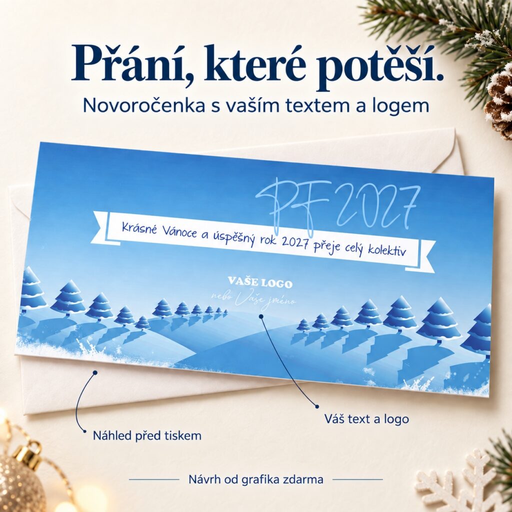 Novoročenka Abstraktná krajina s popiskami úpravy vlastného textu a firemného loga.