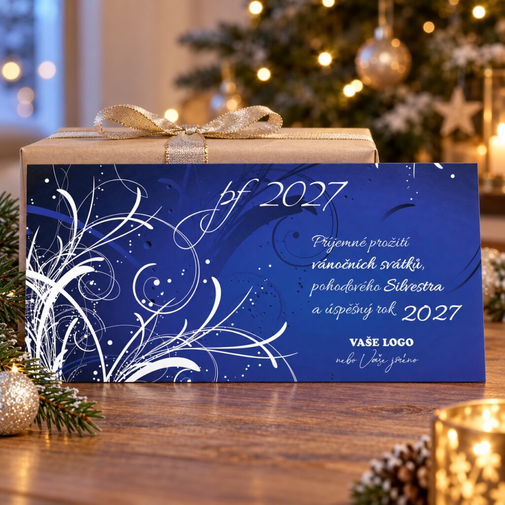 Modrá novoročenka Ornamenty PF 2027 v zátiši s vianočným stromkom a darčekom.