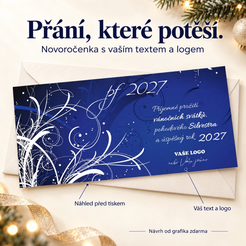 Novoročenka Ornamenty s popiskami vlastného textu, loga a náhľadu pred tlačou.