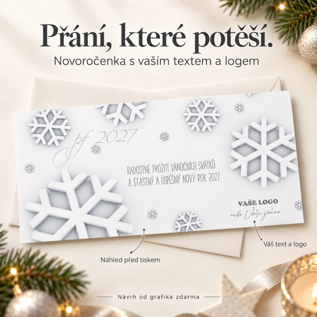 Novoročenka Vločky s popiskami vlastného textu, firemného loga a grafického návrhu.