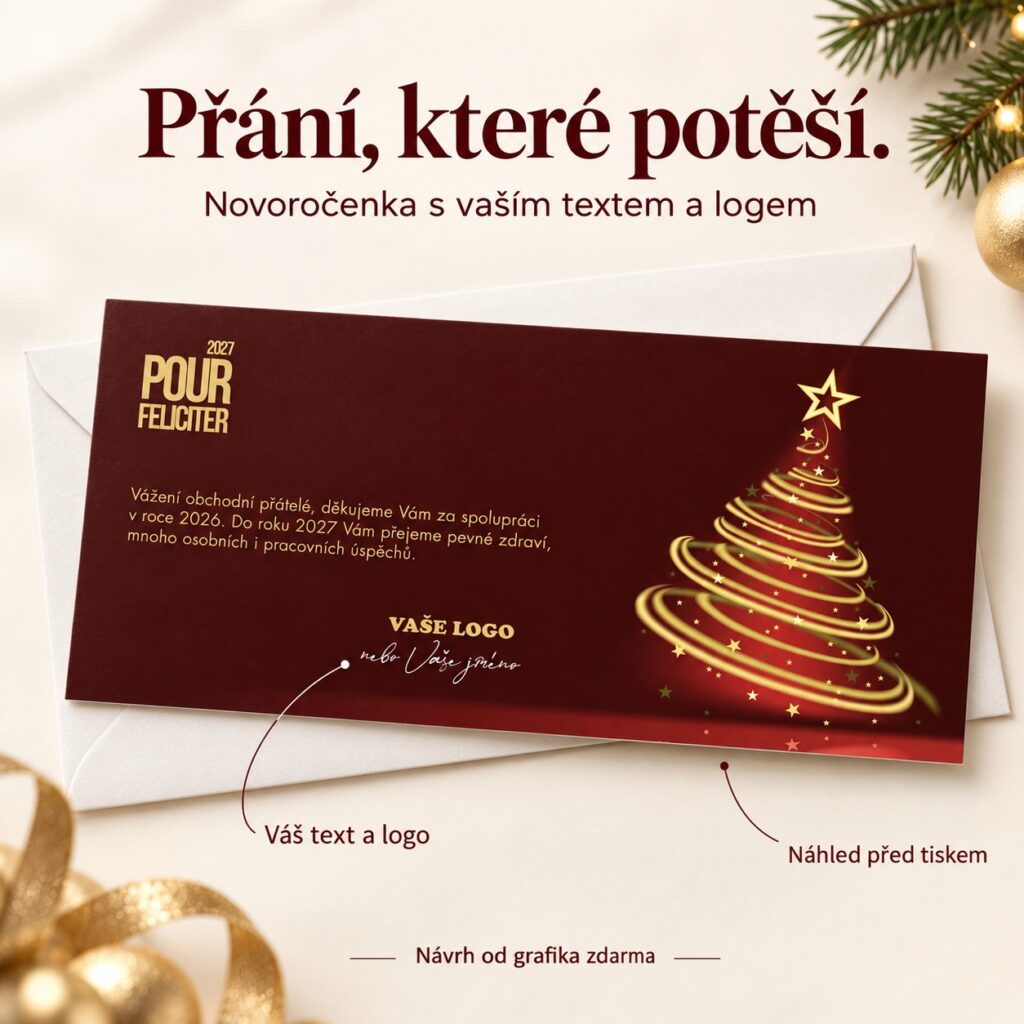 Novoročenka Vianočný stromček s popiskami vlastného textu, loga a náhľadu pred tlačou.