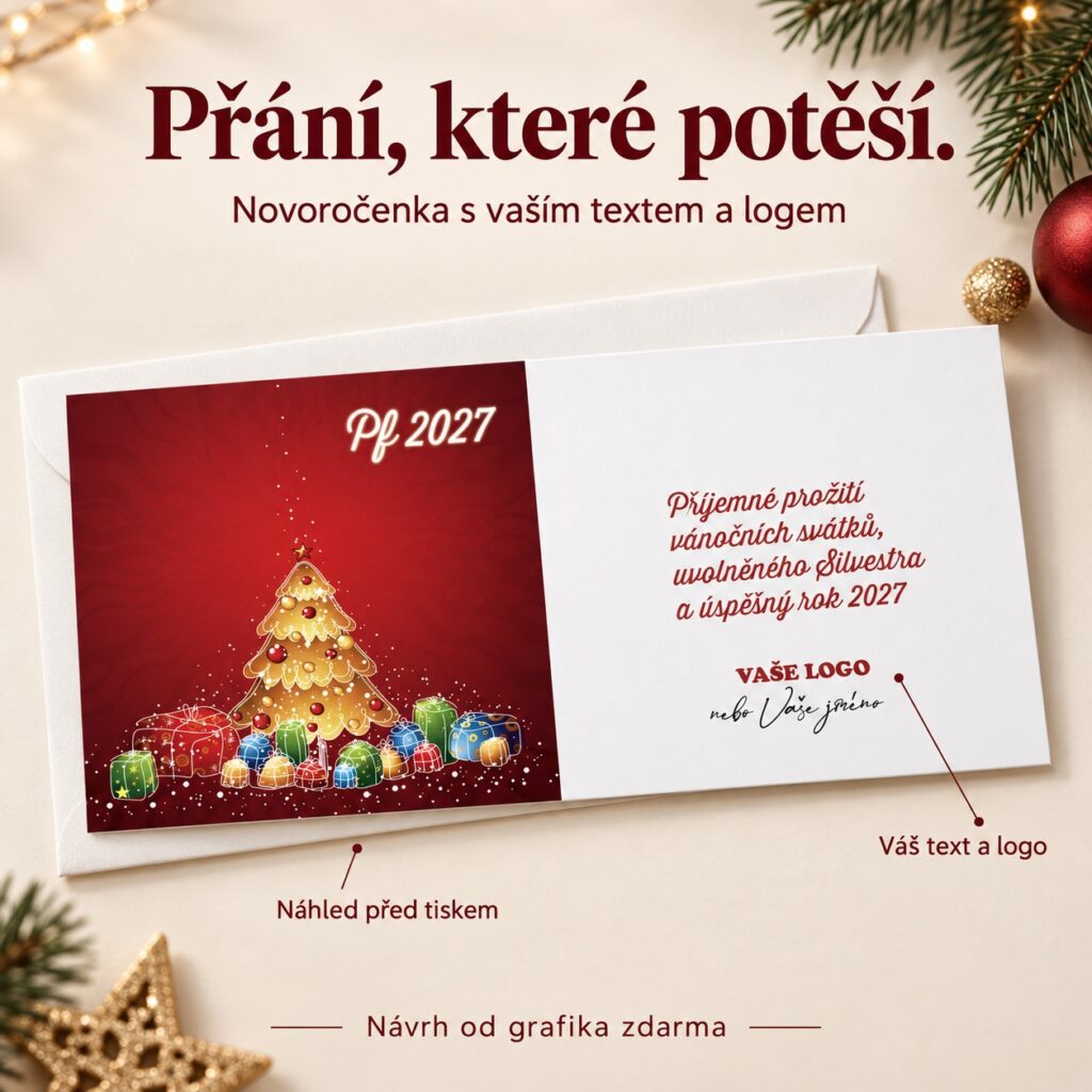 Novoročenka Darčeky s popiskami vlastného textu a loga a náhľadu pred tlačou.