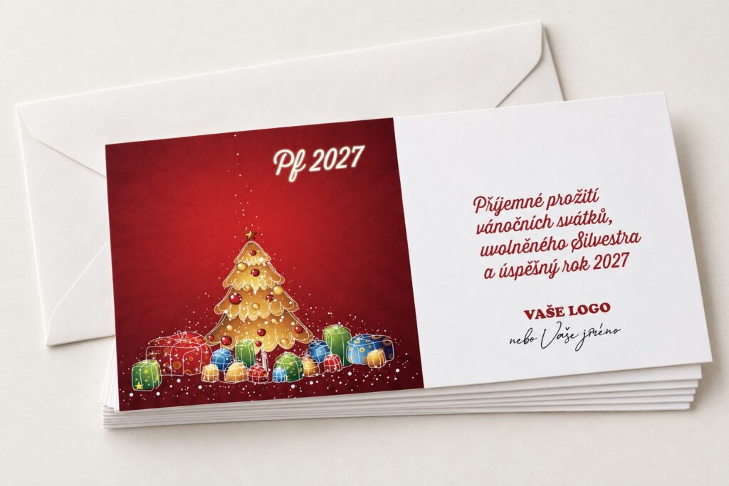 Detail novoročenky Darčeky PF 2027 na stohu prianí s obálkou.