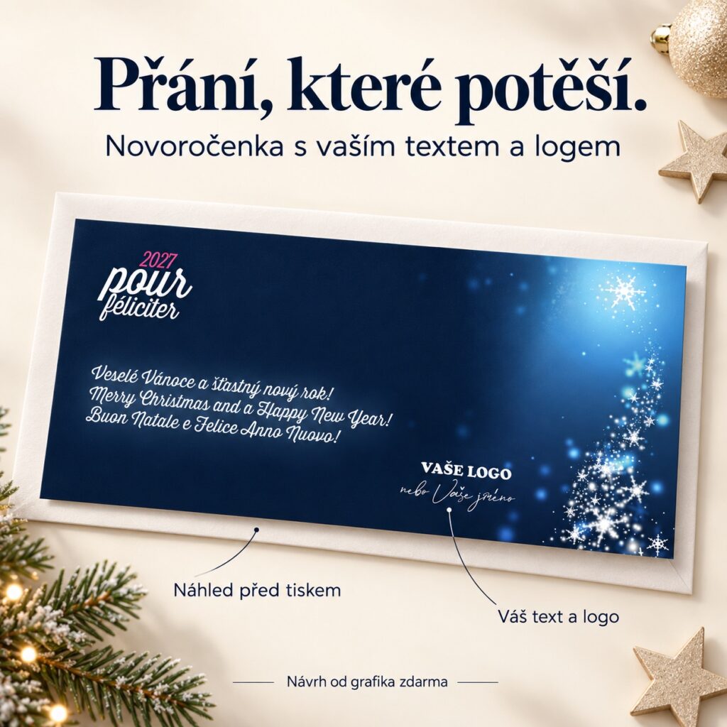 Novoročenka Abstraktný stromček s popiskami vlastného textu a loga a náhľadu pred tlačou.