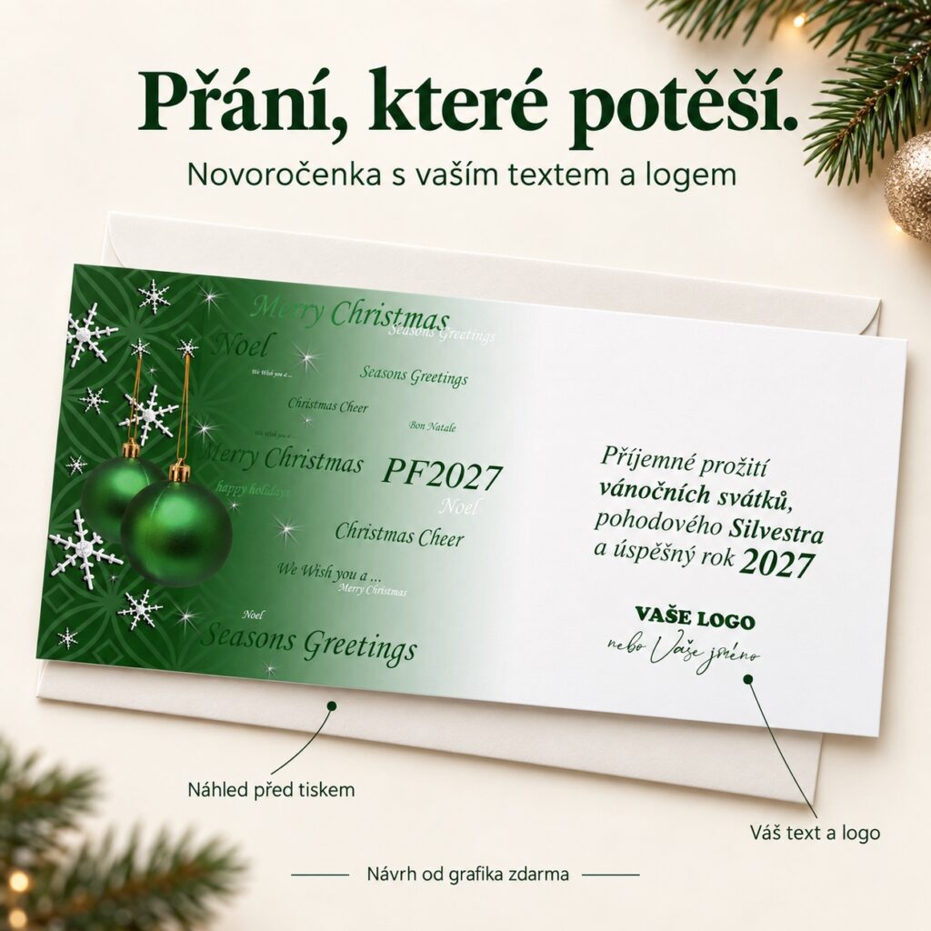 Novoročenka so zelenými ozdobami s popiskami možností vlastného textu a loga.