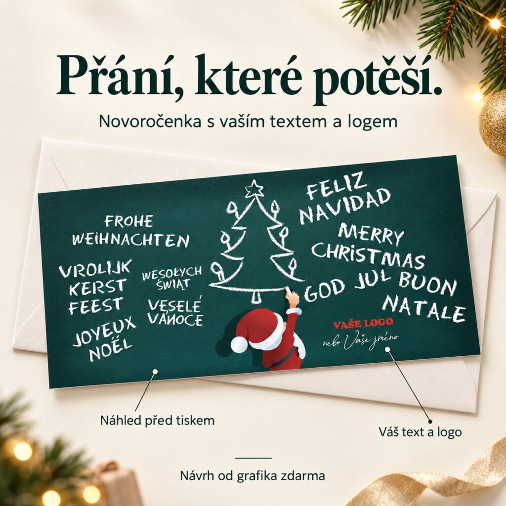 Novoročenka Santa u školskej tabuľky s popiskami vlastného textu a loga.