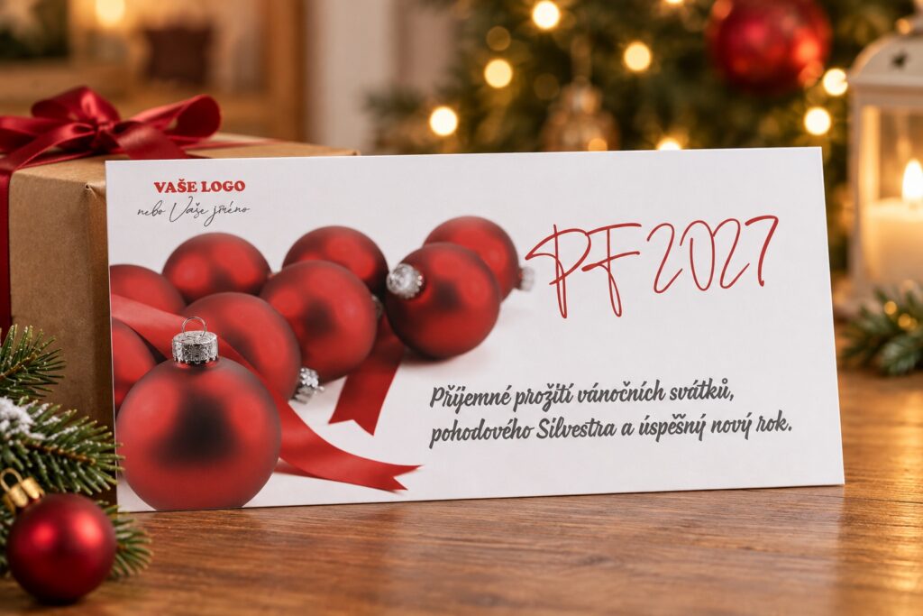 Biela novoročenka s červenými vianočnými ozdobami a PF 2027 vo sviatočnom zátiši.