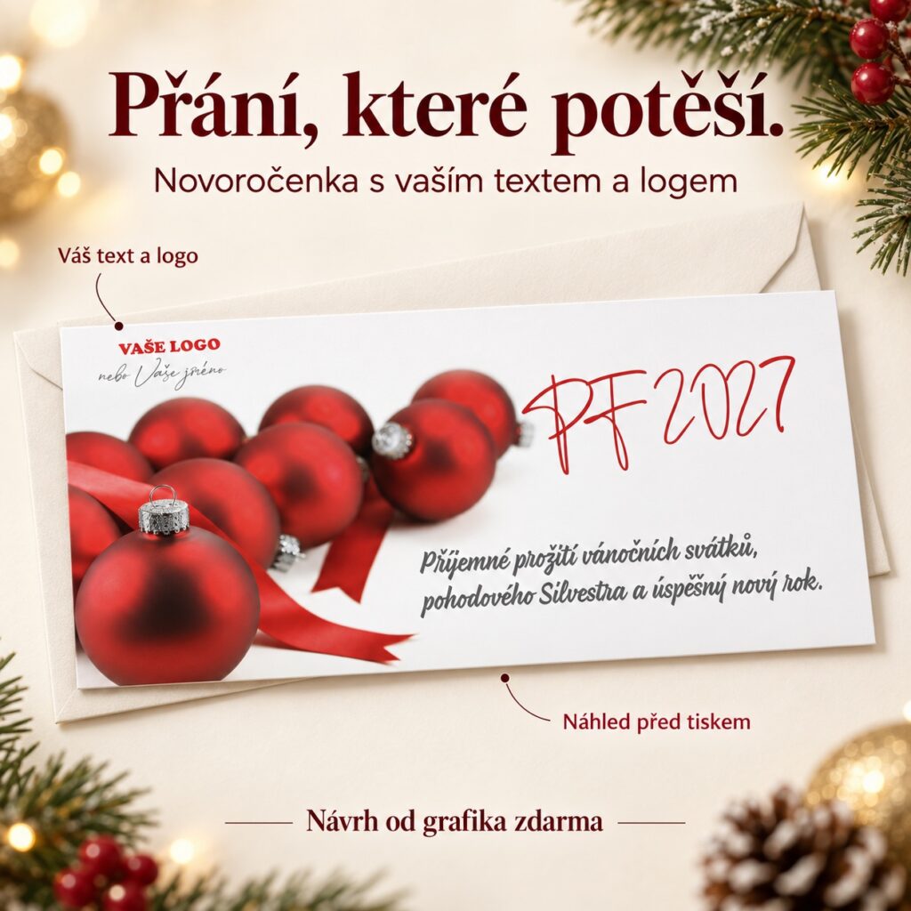 Novoročenka s červenými ozdobami s popiskami vlastného textu a loga.