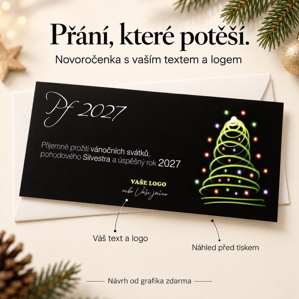 Novoročenka Svetelný stromček s popiskami úpravy vlastného textu a loga.