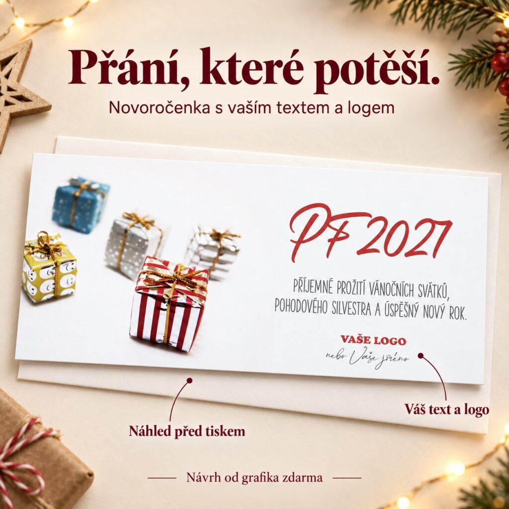 Novoročenka Darčeky s popiskami vlastného textu a loga.
