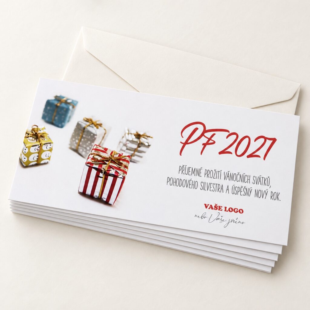 Detail sady novoročeniek s farebnými darčekmi a želaním do roka 2027.