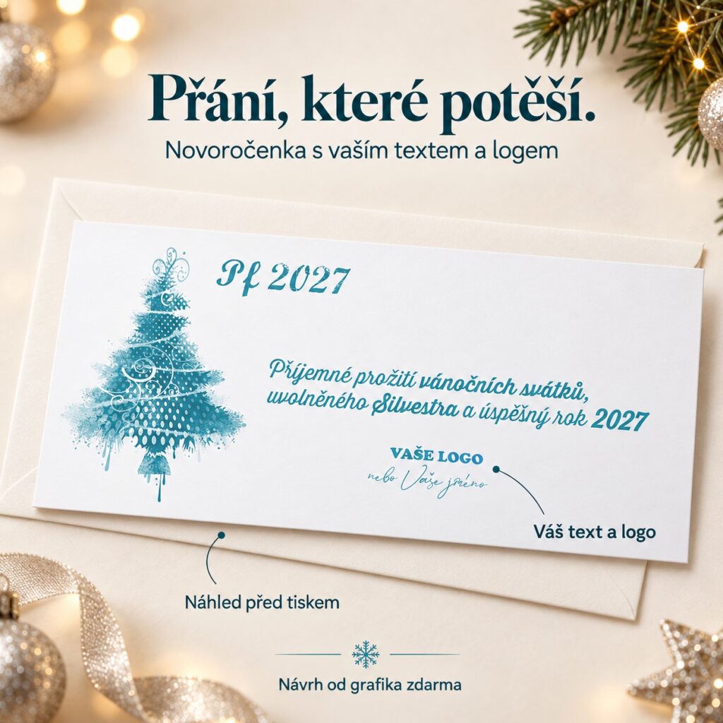 Novoročenka s tyrkysovým stromkom a popisky vlastného textu a loga.