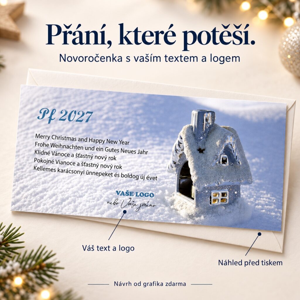 Novoročenka Zimná chalúpka s popiskami k vlastnému textu a logu.
