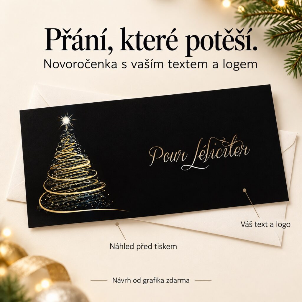 Novoročenka Zlatý stromček s popiskami na úpravu textu a loga.