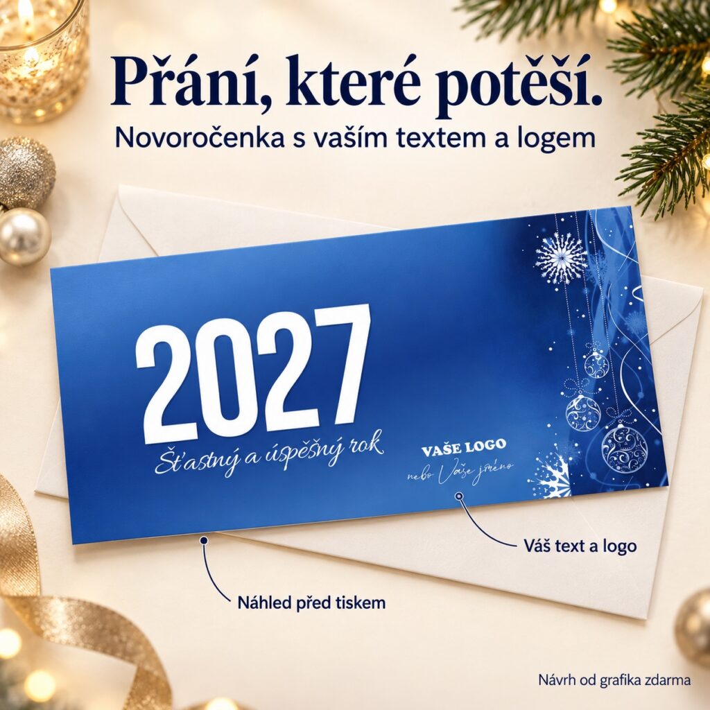 Modrá novoročenka Vianočné symboly s popiskami k vlastnému textu a logu.