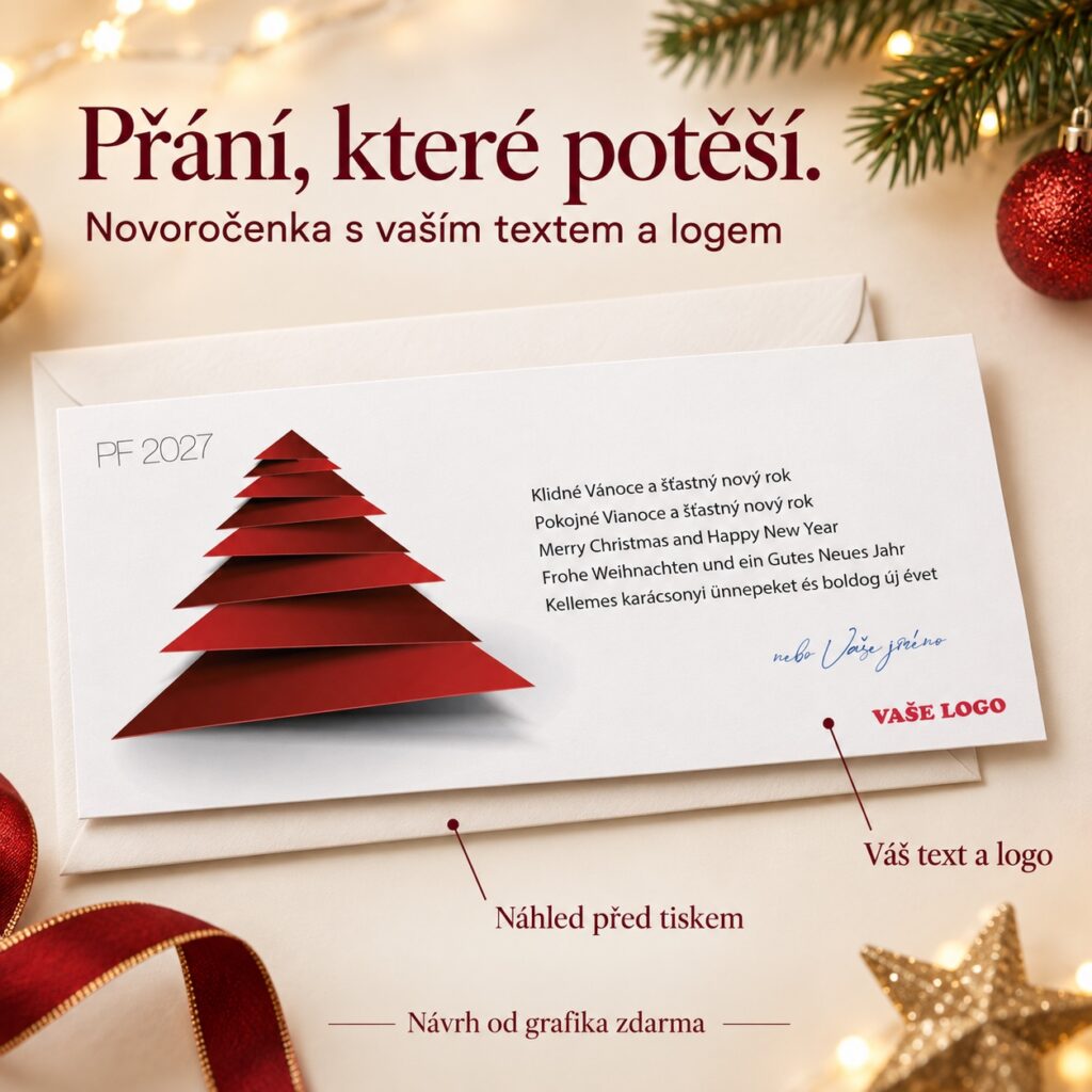 Novoročenka Poskladaný vianočný stromček s popiskami k textu, logu a náhľadu pred tlačou.