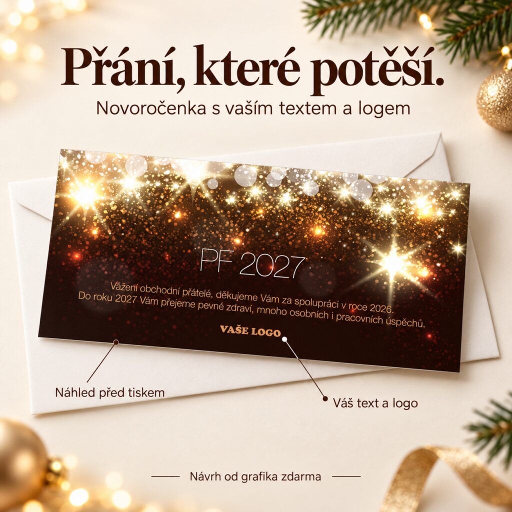 Novoročenka Zlatá žiara s popiskami k vlastnému textu a logu.