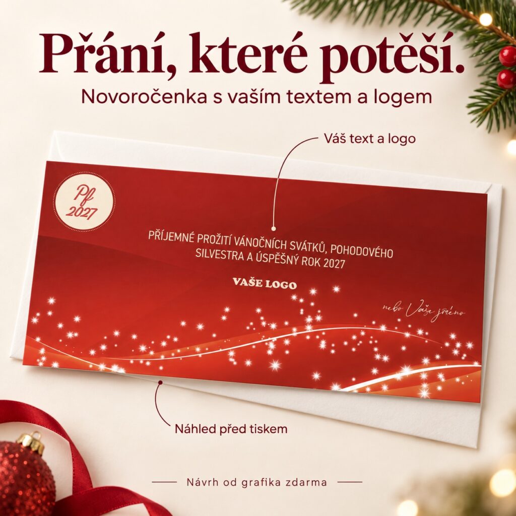 Červená novoročenka Žiara s popismi k vlastnému textu a logu.