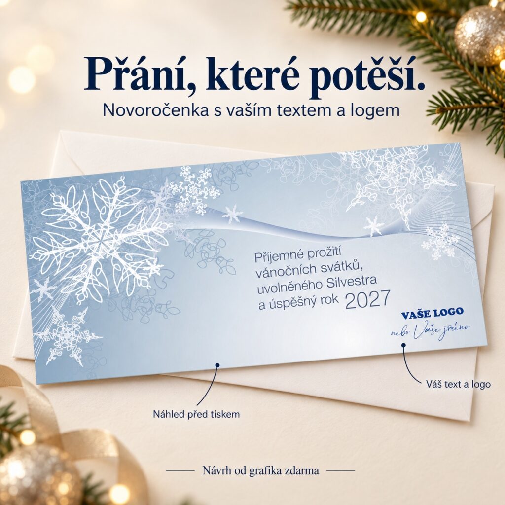 Svetlo modrá novoročenka Vločky s popiskami k vlastnému textu a logu.