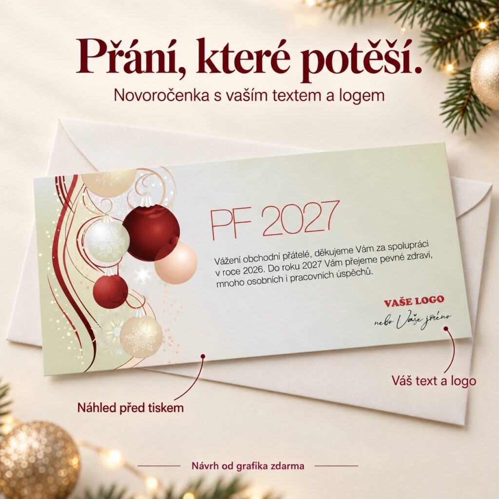 Novoročenka 112 s popisky vlastního textu, loga a náhledu před tiskem.