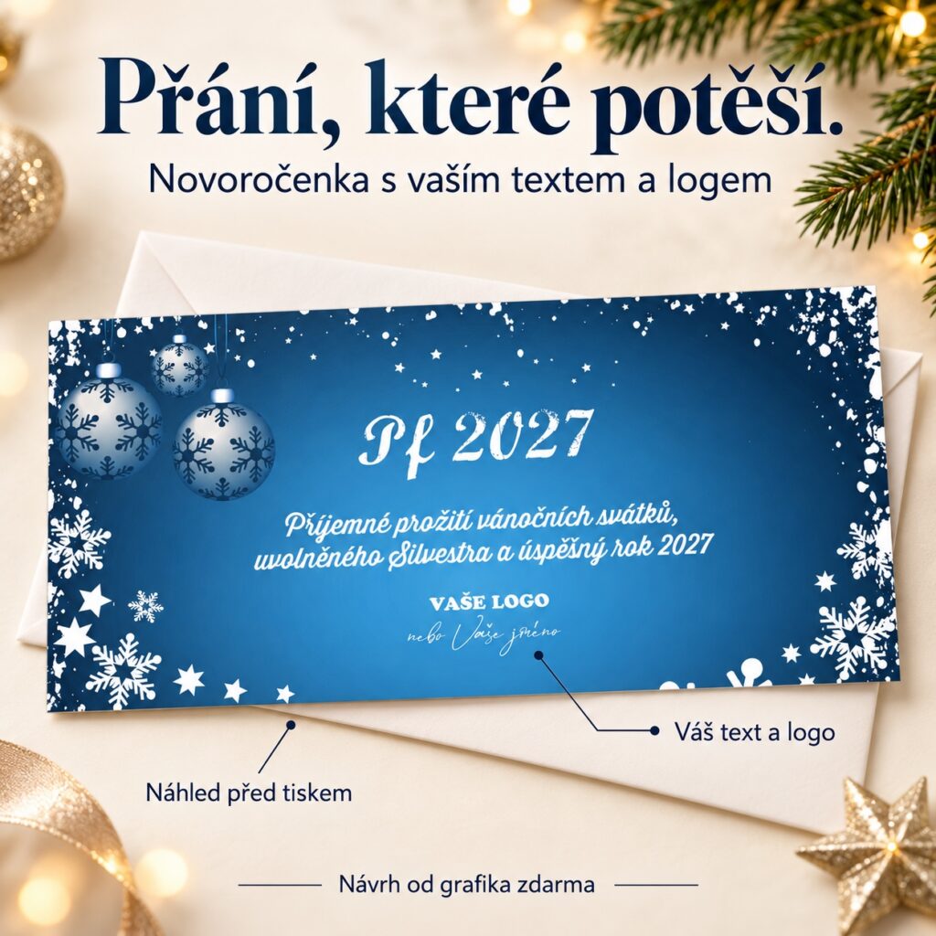 Novoročenka 121 s popiskami vlastného textu, loga a náhľadu pred tlačou.