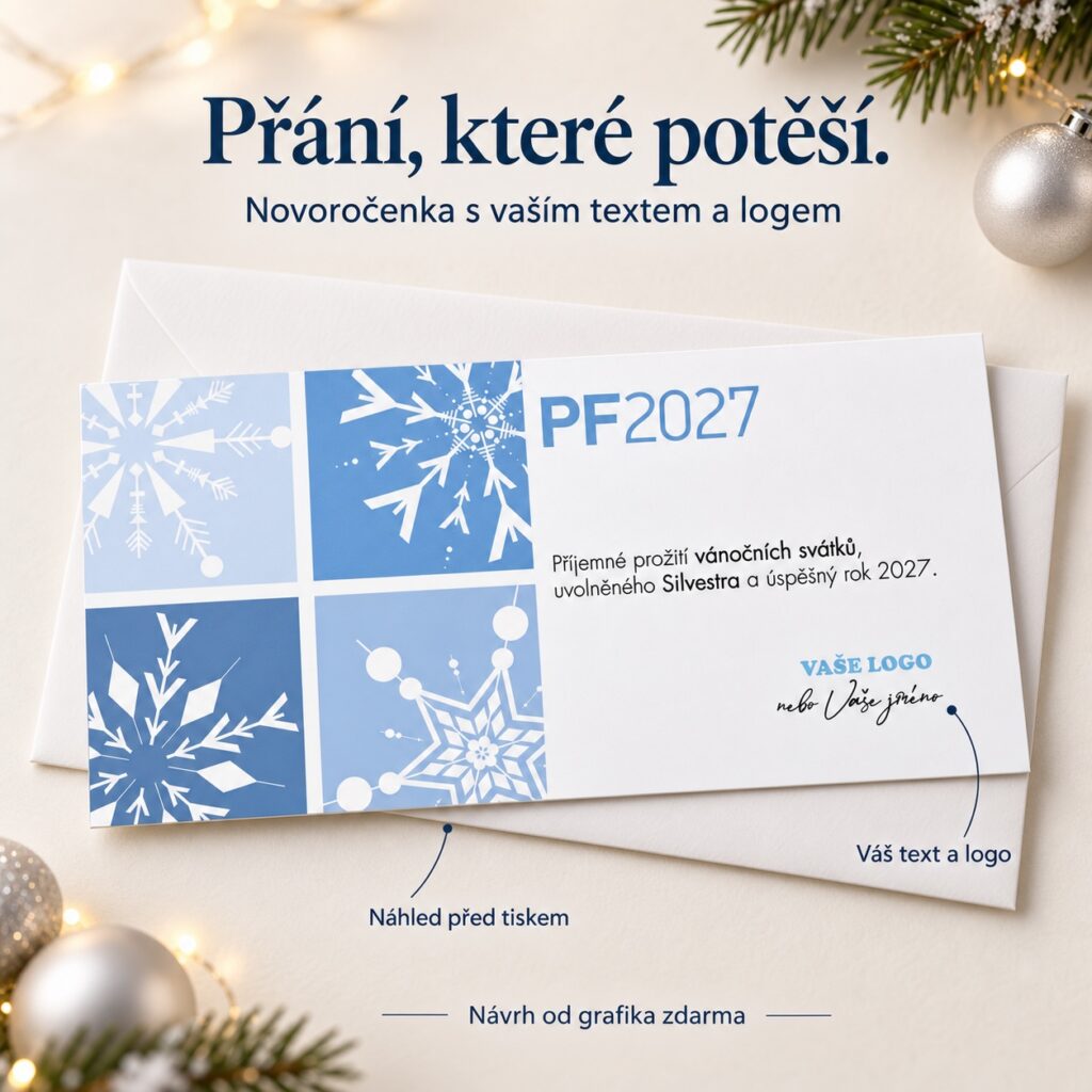 Novoročenka 151 s popismi úpravy textu a loga
