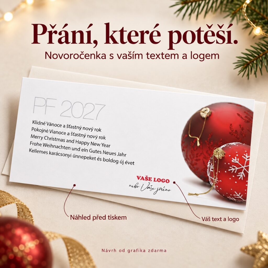 Novoročenka 204 s popismi úpravy textu a loga.