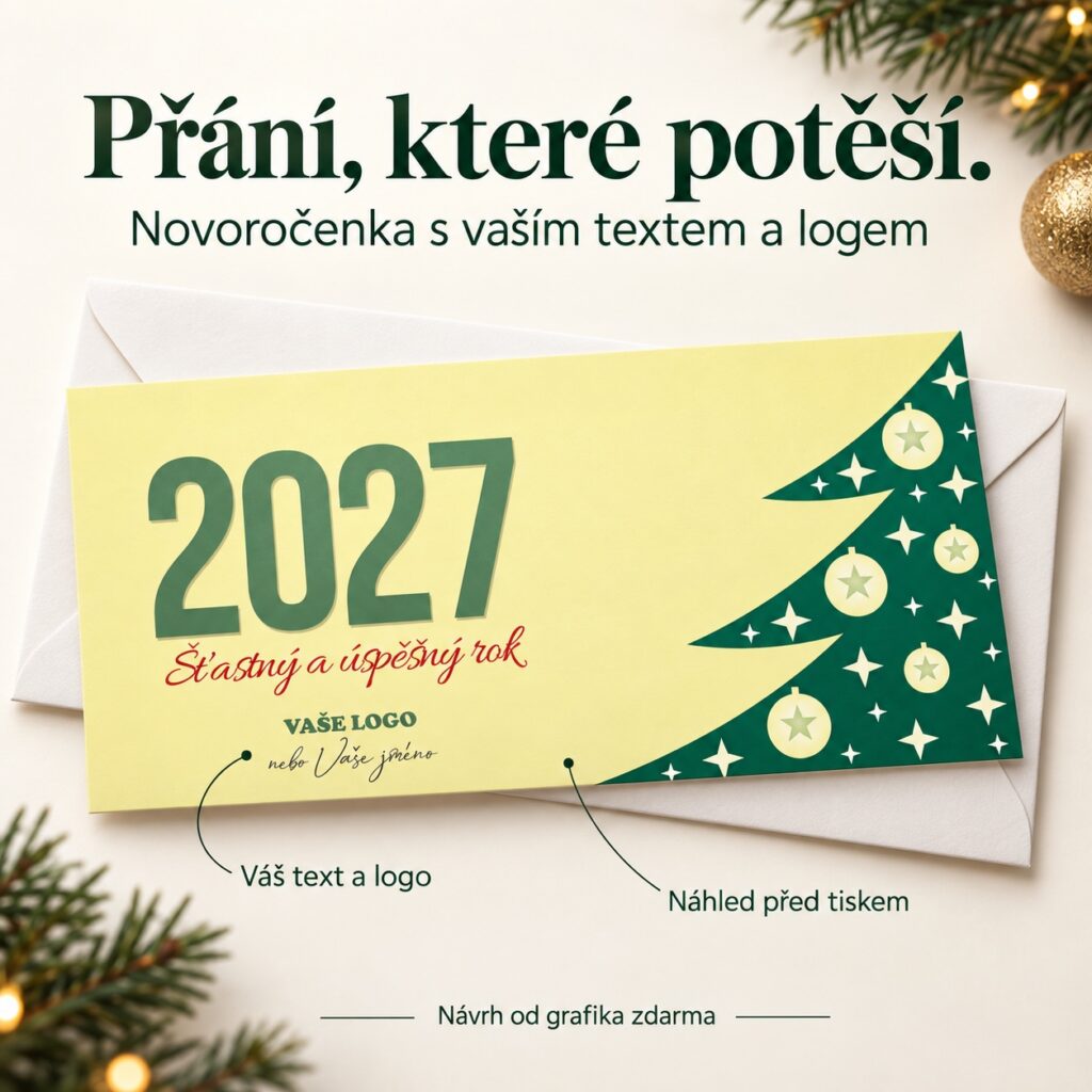 Novoročenka 205 s popismi úpravy textu a loga.