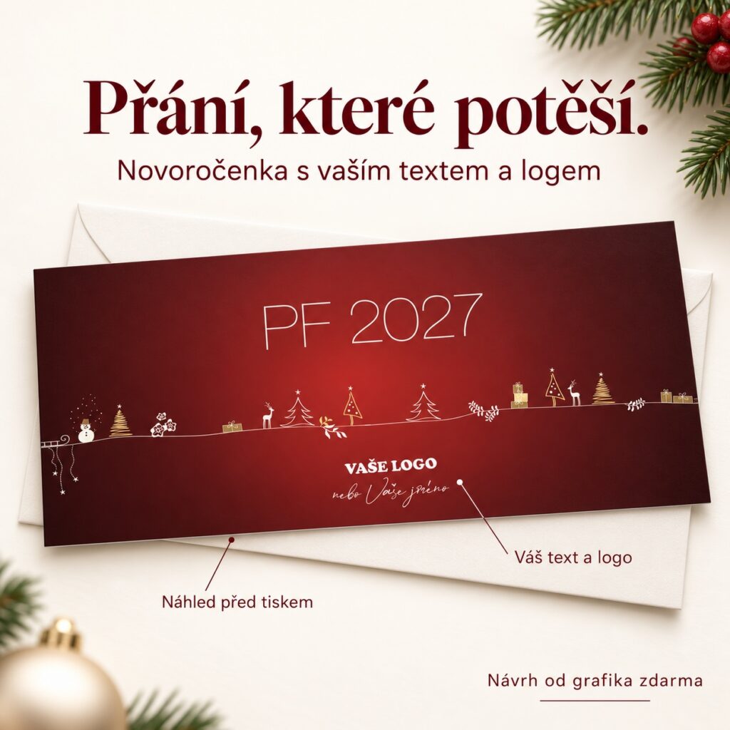 Novoročenka 207 s popismi úpravy textu a loga.