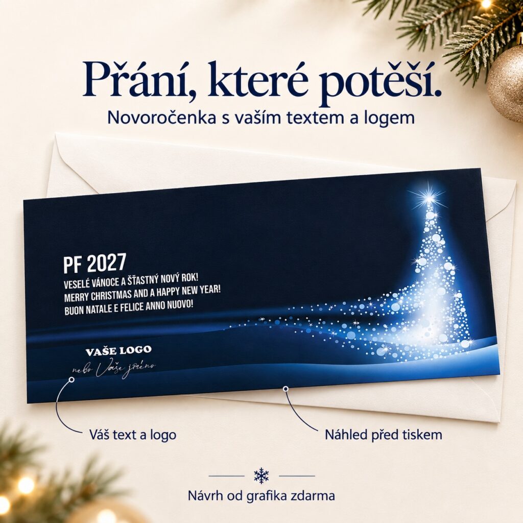 Novoročenka 218 s popismi úpravy textu a loga.