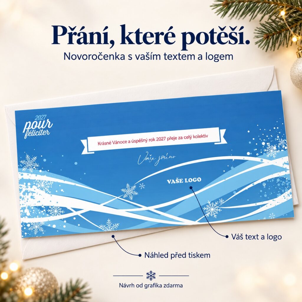 Novoročenka 220 s popismi úpravy textu a loga.