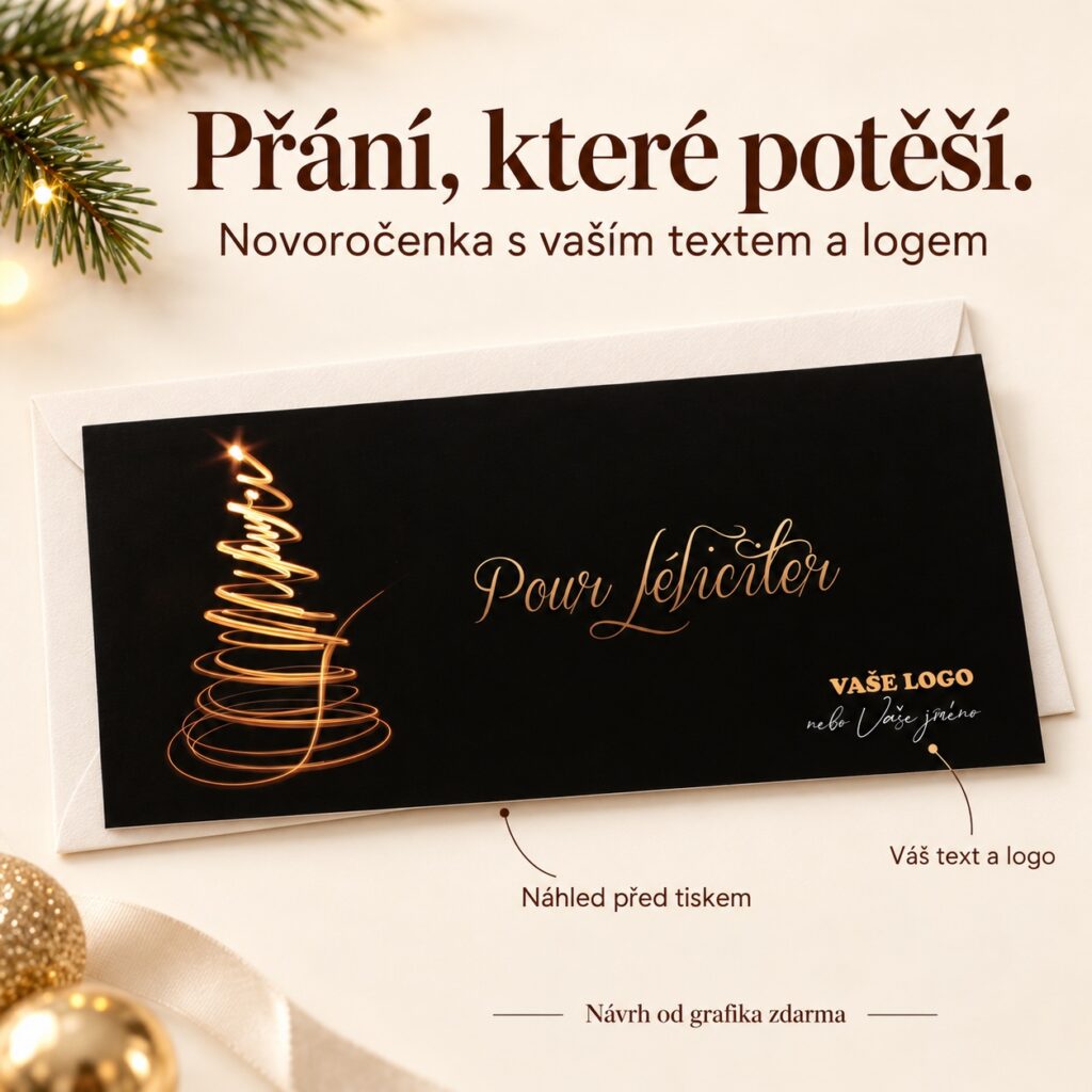 Novoročenka 221 s popismi úpravy textu a loga.