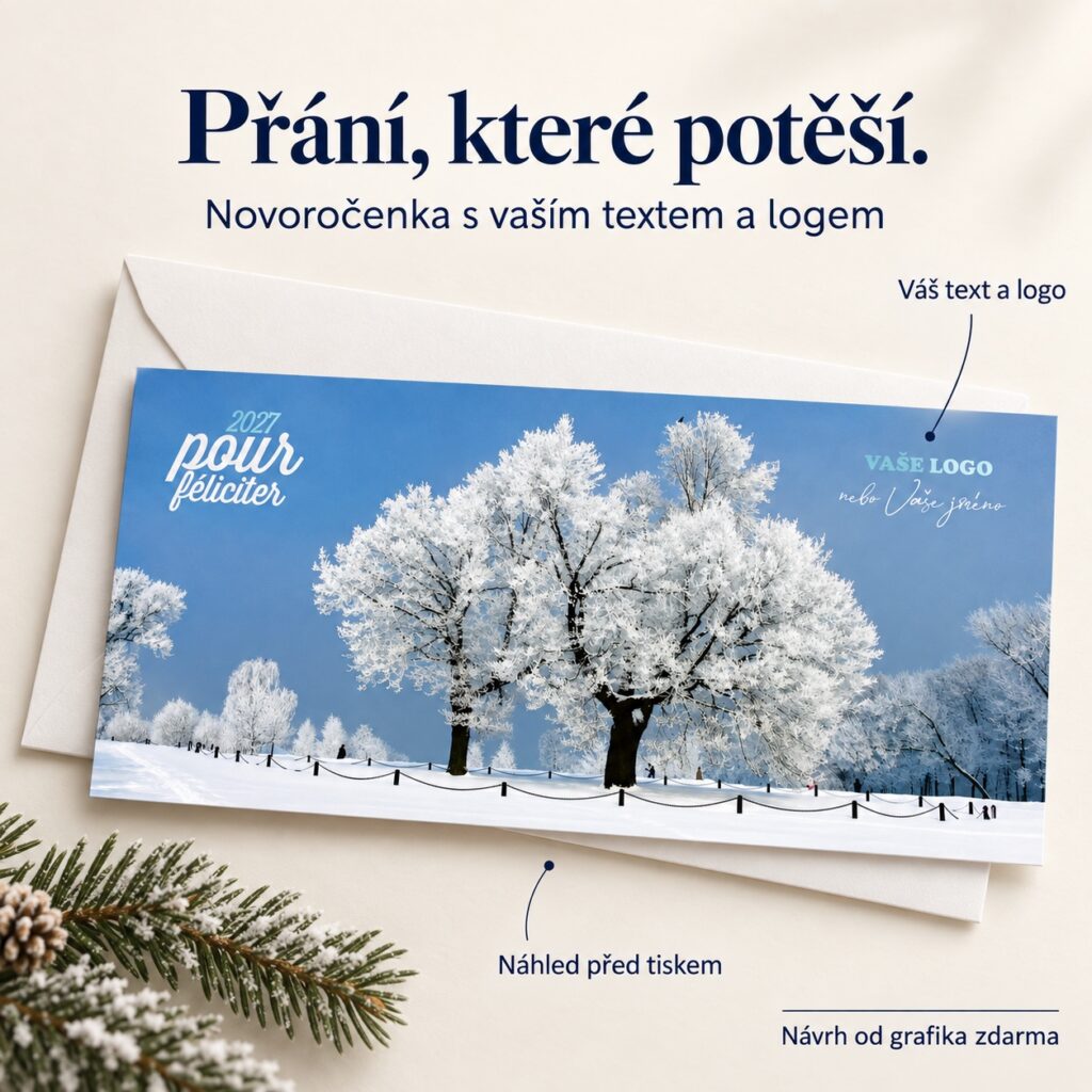 Novoročenka 229 s popismi úpravy textu a loga.