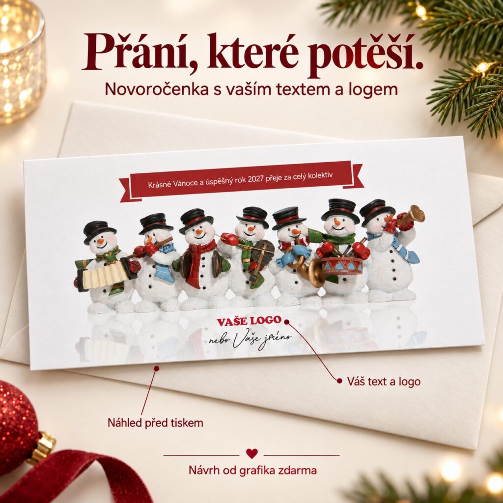Novoročenka 232 s popismi úpravy textu a loga.