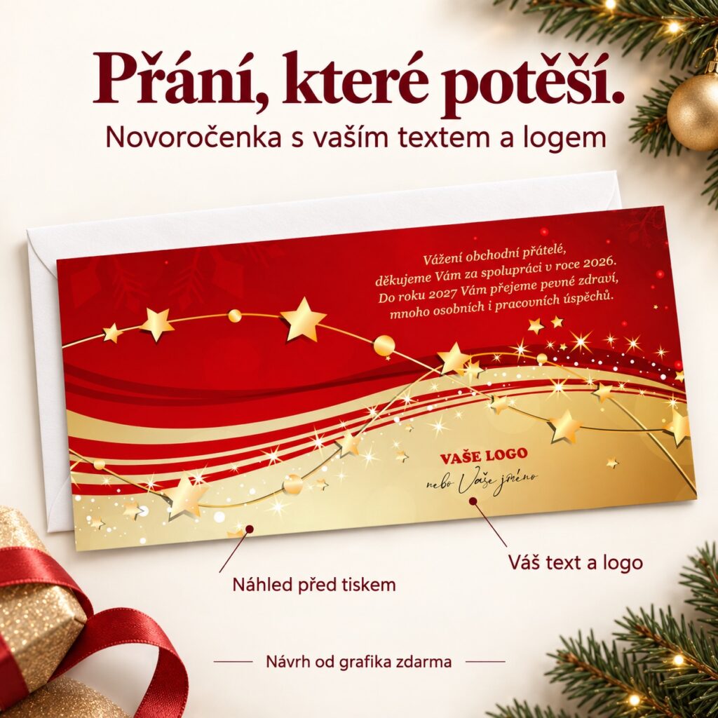 Novoročenka 234 s popismi úpravy textu a loga.