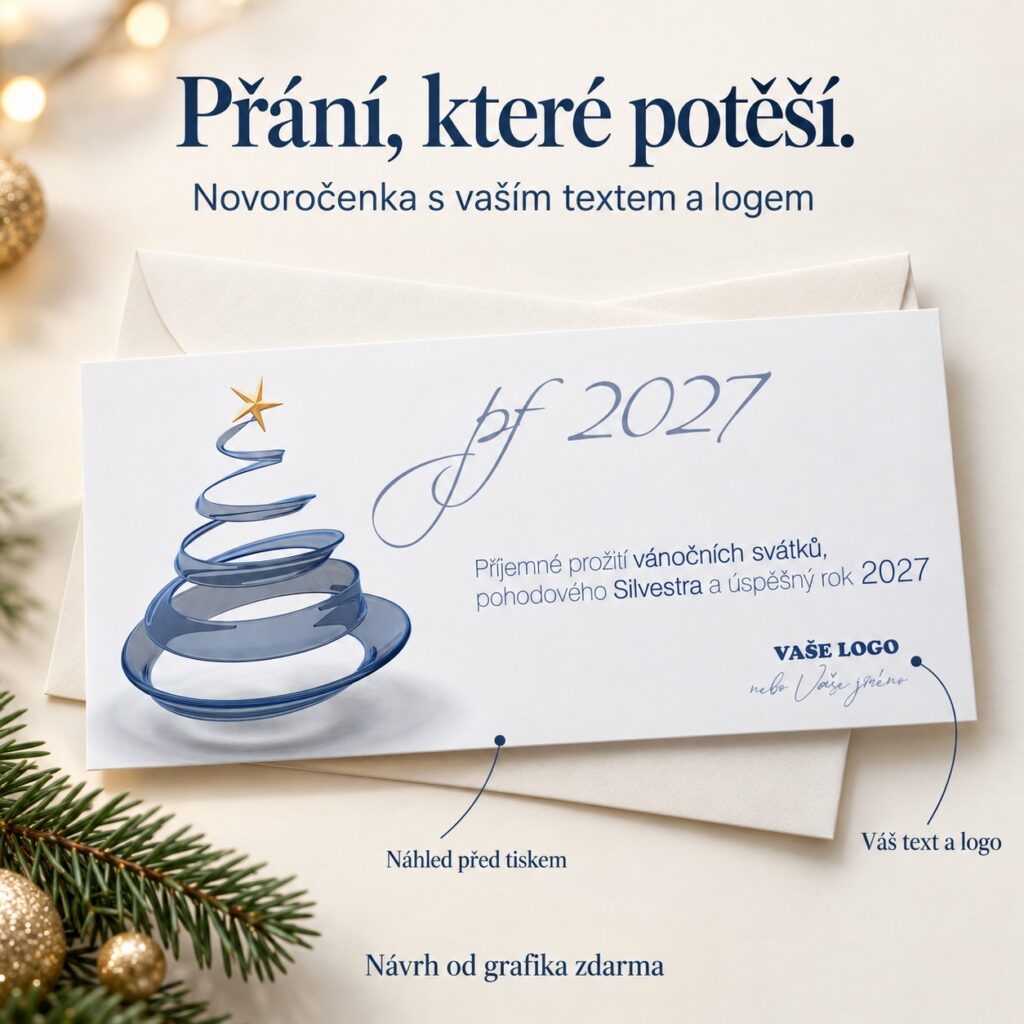 Novoročenka 237 s popismi úpravy textu a loga.