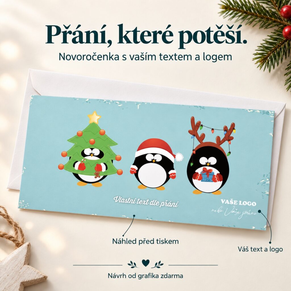 Novoročenka 251 s tučňákmi a popiskami úprav textu a loga