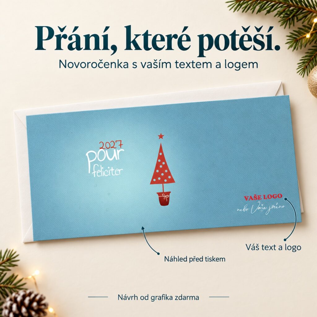 Zasadený vianočný stromček s ponukou textu a loga na prianí.