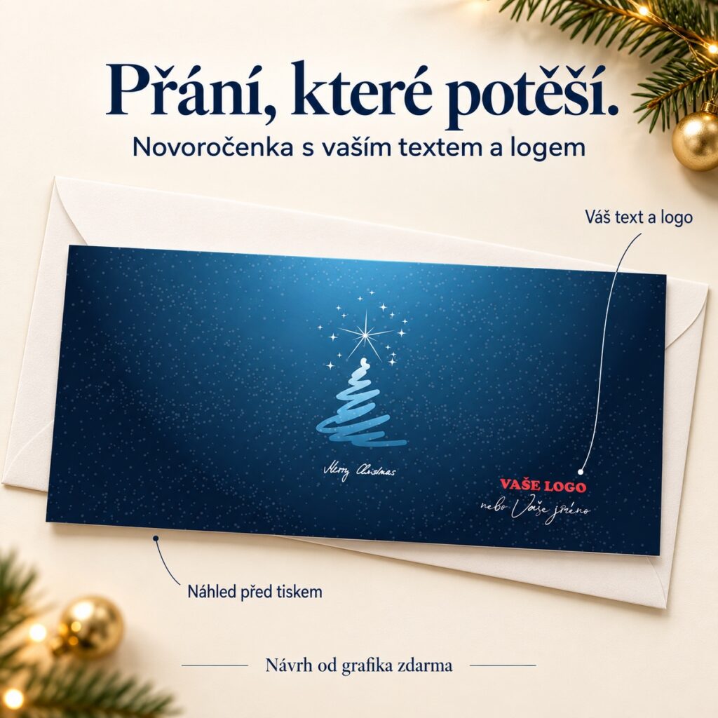 Minimalistický stromček na modrom pozadí – novoročenka s ponukou vlastného textu a loga.