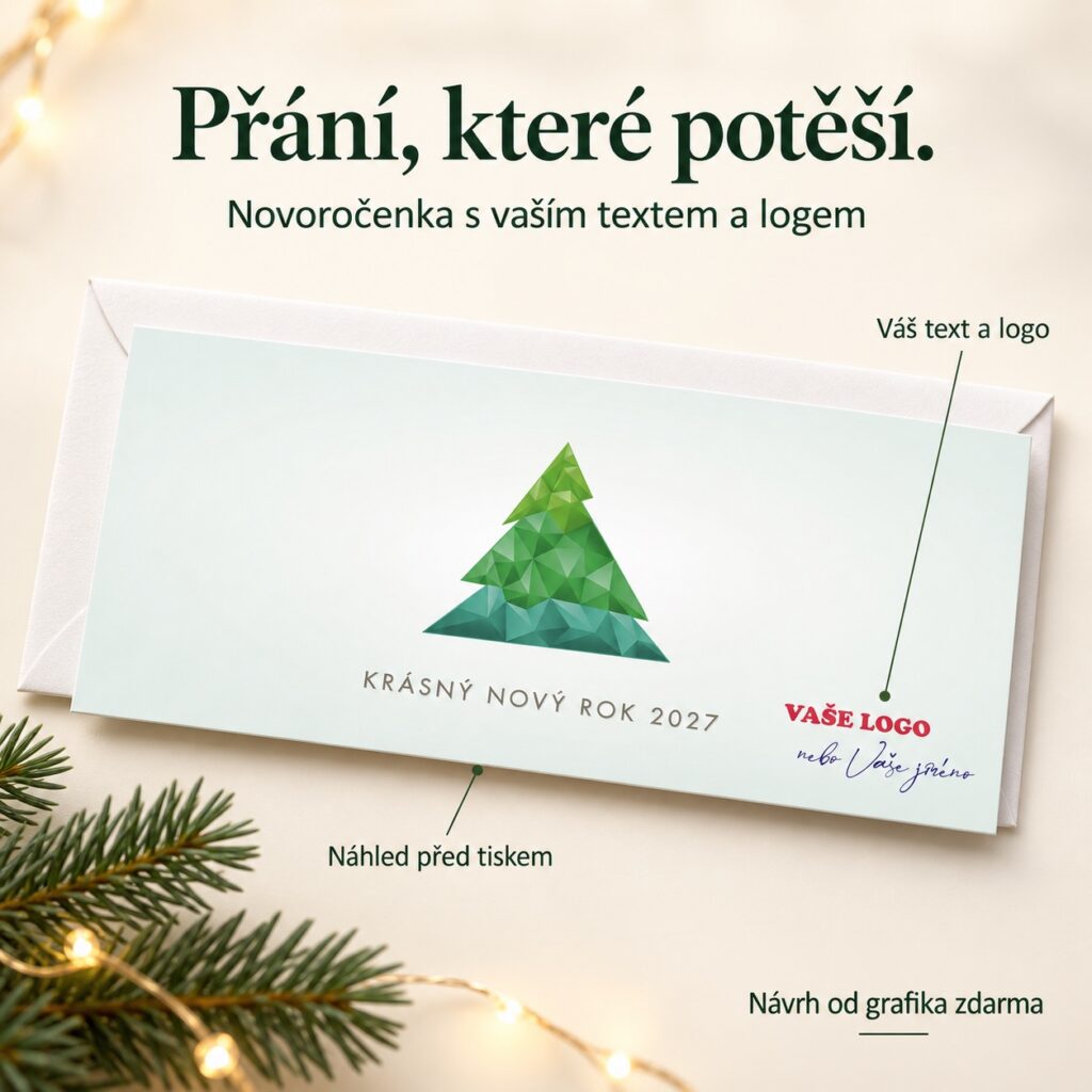 Uholníkový stromček – novoročenka s ponukou vlastného textu a loga.