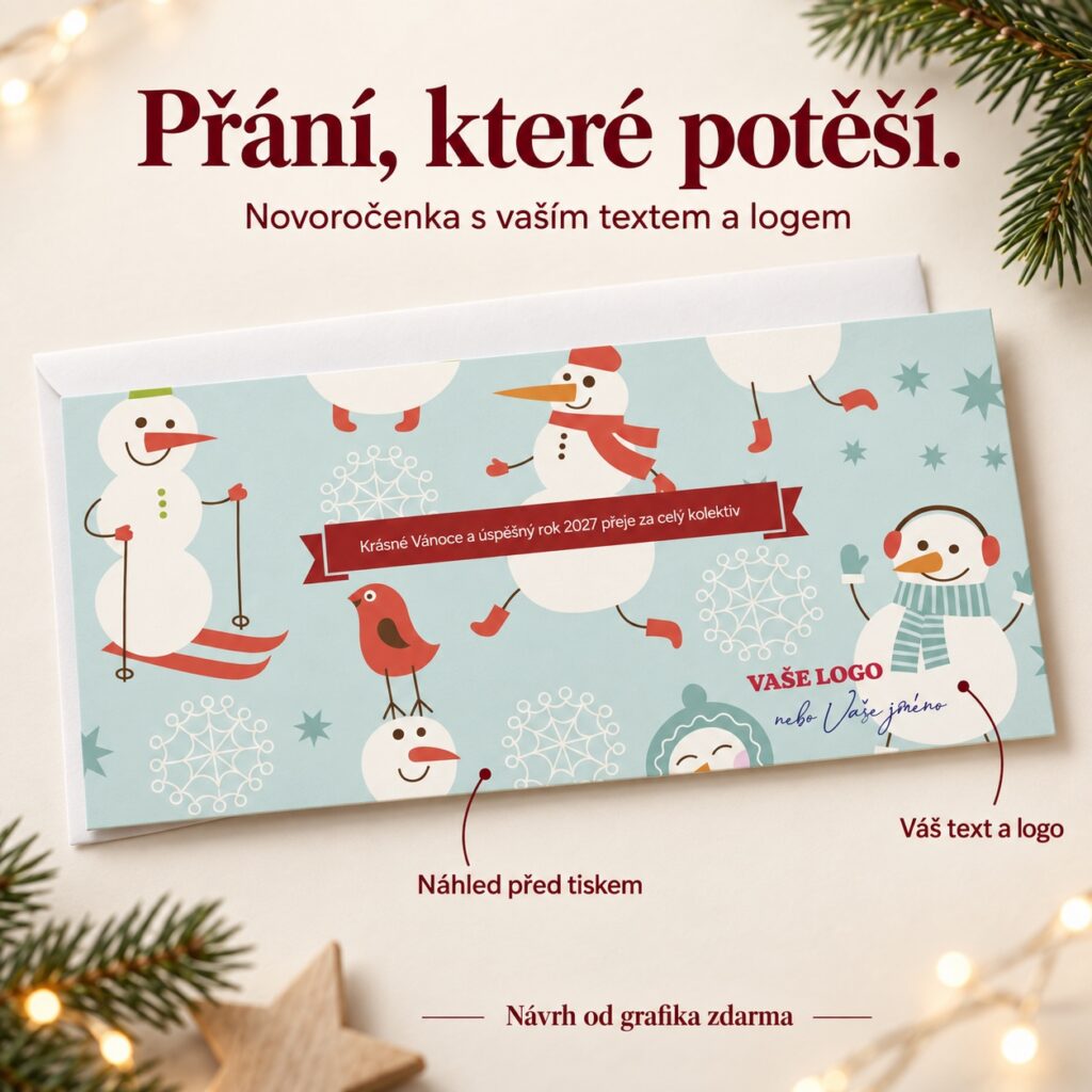 Akční snehuliaci – novoročenka s ponukou vlastného textu a loga.