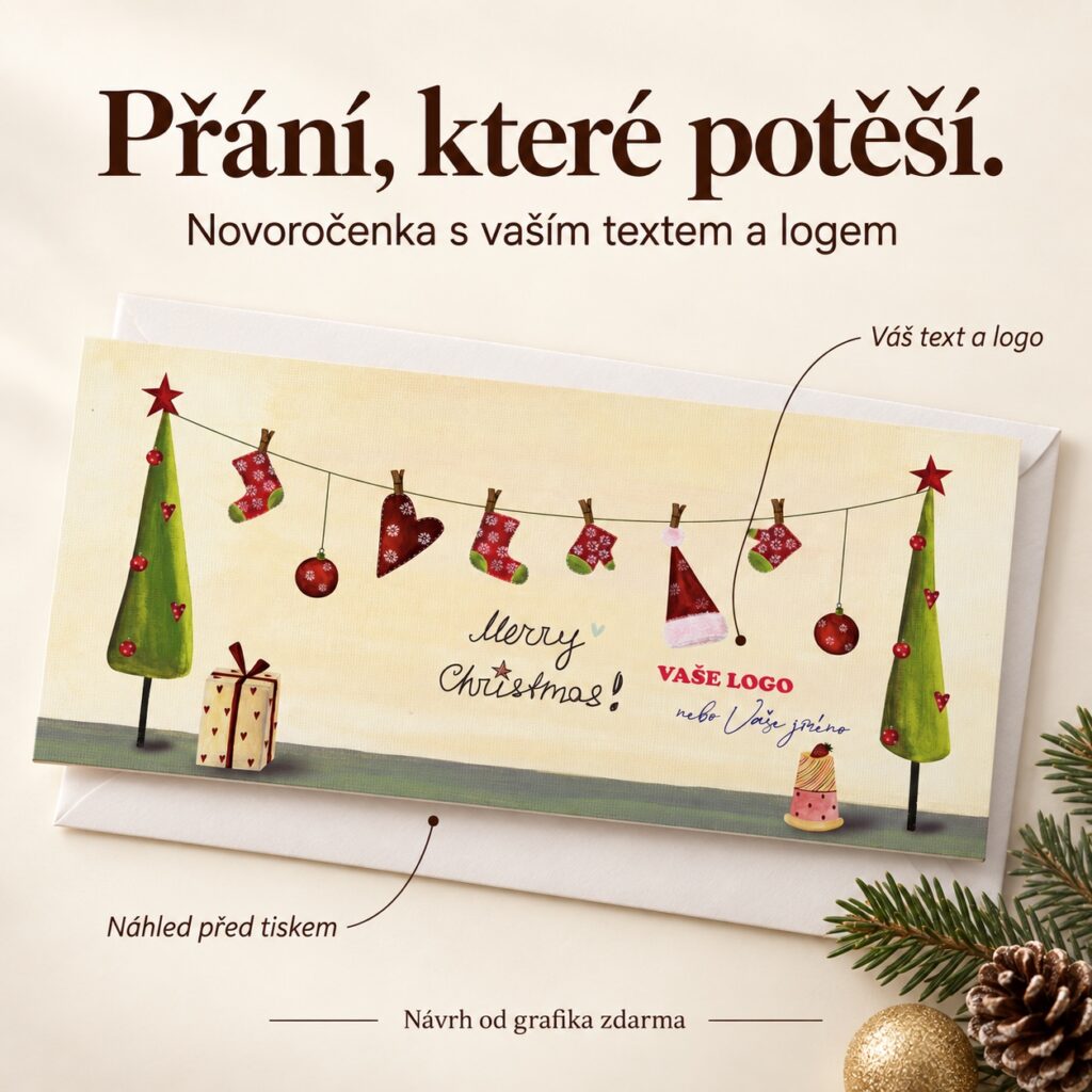 Vianočné stromčeky – novoročenka s ponukou vlastného textu a loga.