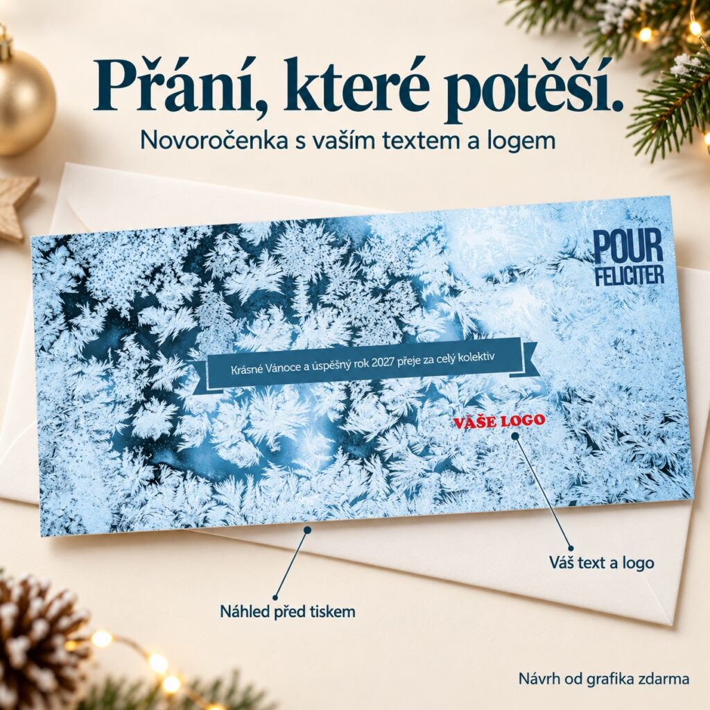 Keď mráz kreslí na okná – novoročenka s ponukou vlastného textu a loga.